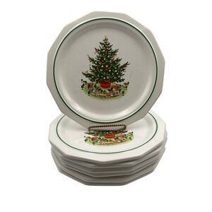 Vintage Christmas Heirloom Octagon Dinner Plates Set of 7 Holiday Decor‎ 10.5"